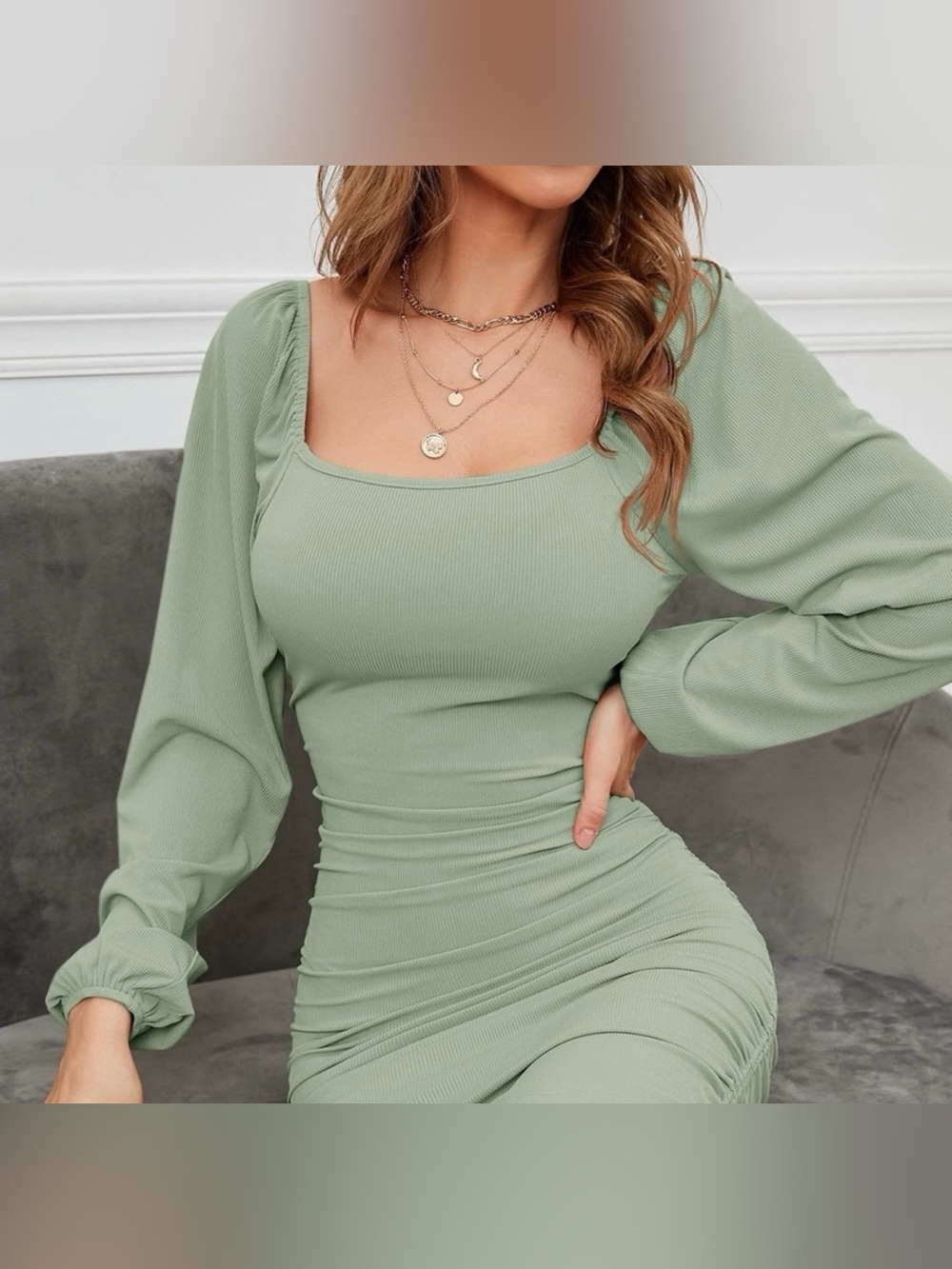 SHEIN Sage Green Ruched Bodycon Mini Dress Square Neck Long Sleeve L NWOT